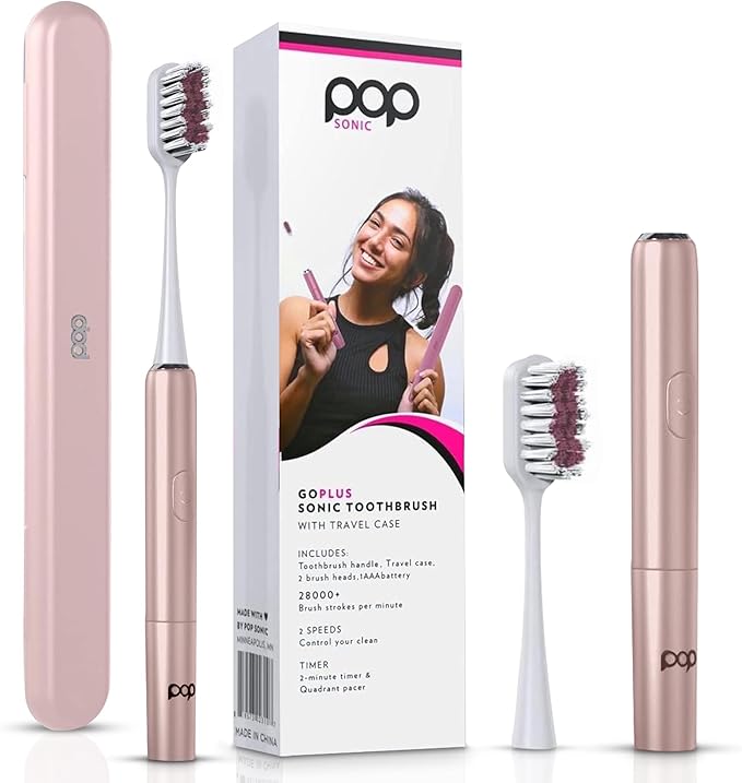 Pop Sonic Go Plus Travel Electric Toothbrush (Rose Gold) | 2 Speeds w/ 18000-24000 Vibrations Per Minute - The Ultimate Set | 8+ Colors to Choose from