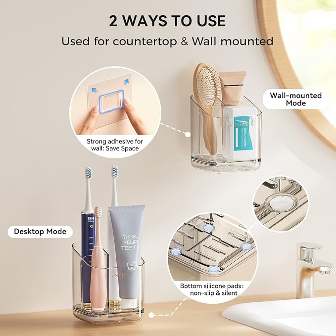 Toothbrush Holders for Bathrooms, 3 Slots Detachable Toothbrush Holder Wall Mounted with Divider, Removable Electric Tooth Brush and Toothpaste Holder Organizer for Bathroom Countertop/Kitchen/Office