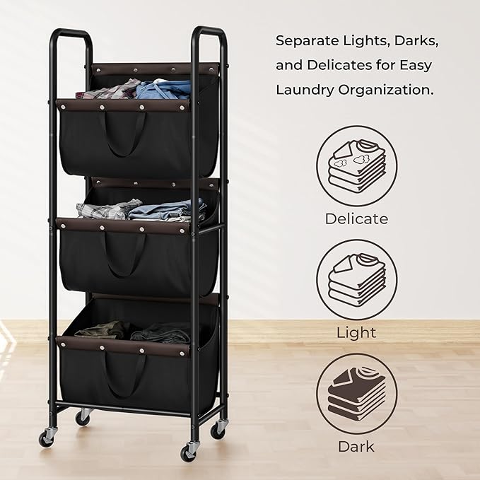 GRANNY SAYS 3 Tier Laundry Sorter, Laundry Basket with Wheels, Laundry Room Organization and Storage, 3 Section Rolling Laundry Cart for Dorm, Bathroom, Bedroom, Closet, Black