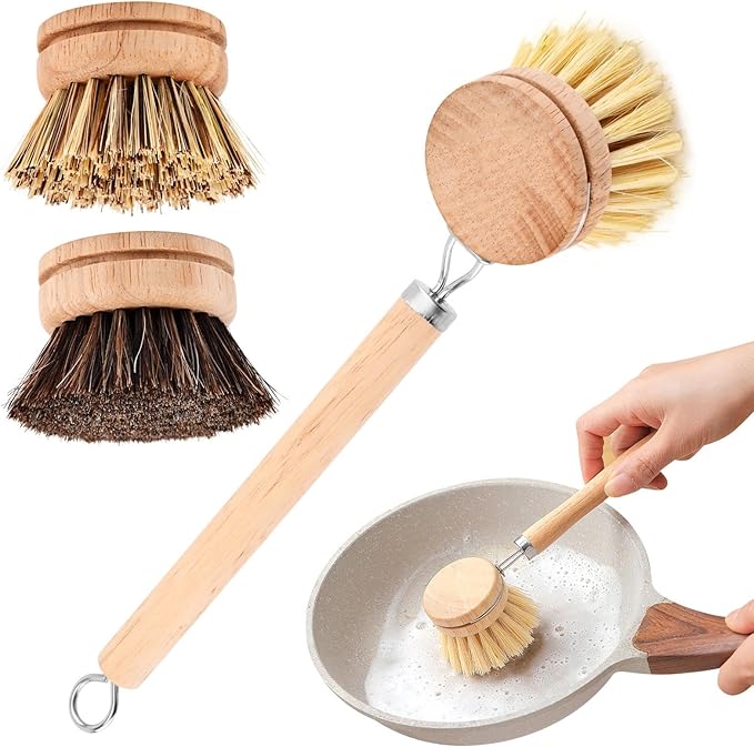 Bamboo Dish Brush Set, 1 Wooden Handle with 3 Natural Bristle Heads All Purpose Kitchen Scrub Brush with Sisal and Palm Horsehair for Cleaning Dishes Pans Vegetables(Color:Brown)