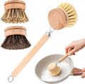 Bamboo Dish Brush Set, 1 Wooden Handle with 3 Natural Bristle Heads All Purpose Kitchen Scrub Brush with Sisal and Palm Horsehair for Cleaning Dishes Pans Vegetables(Color:Brown)
