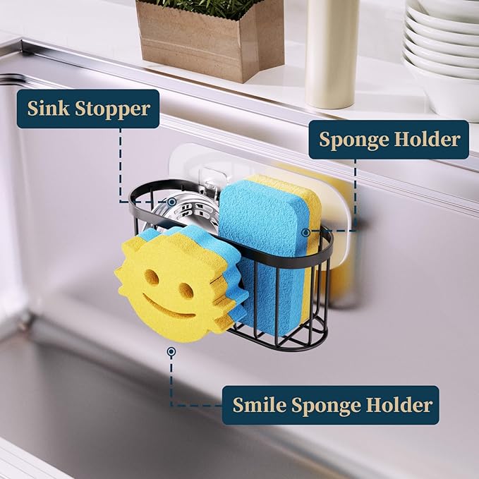 Consumest Sponge Holder Smiley Face - Kitchen Sink Caddy, Sink Organizer with Removable Suction Cups & Adhesive Strips, Suit for Sponge, Soap, Black