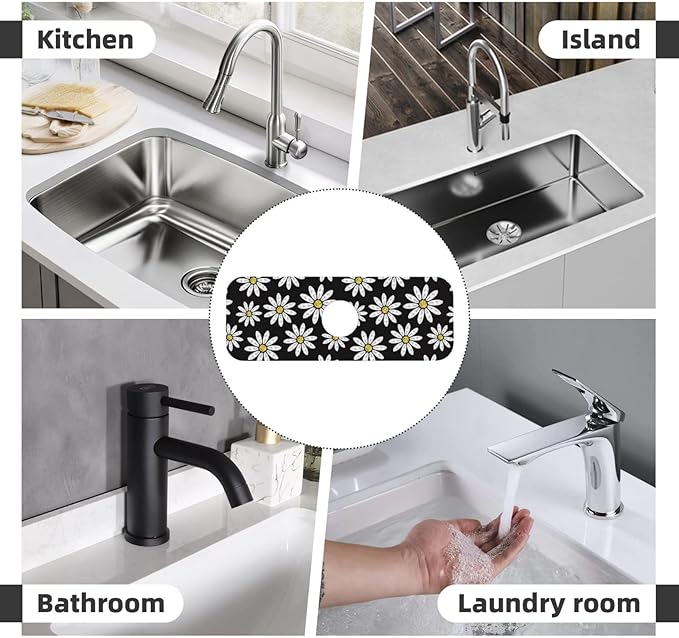 Daisy Flowers Floral Black Kitchen Sink Splash Guard Faucet Mat Super Absorbent Fast Drying Mat Sink Gadgets-Fast Drying Pad Sink Mat For Kitchen Bathroom (15" X 5.5" )