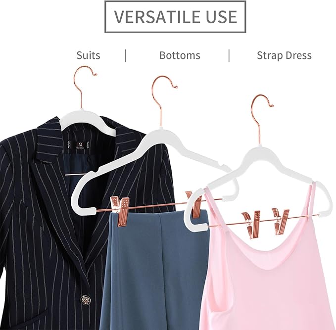MIZGI Premium Velvet Pants Hangers with Clips (Pack of 10) Slim Skirt Hangers- Non Slip Felt Outfit Dress Hangers White - Copper/Rose Gold Hooks,Space Saving Shirt Clothes Hangers