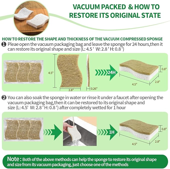 Sponges Kitchen Natural Dish Sponge Plant-Based Biodegradable Compostable Cellulose with Coconut Scrubber Sponge Non Scratch Eco Friendly Kitchen sponges for Kitchen Dishes（Pack of 24）