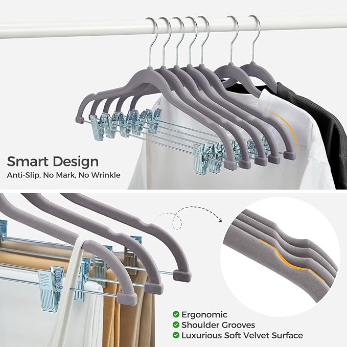 HOUSE DAY Velvet Hangers with Adjustable Clips 10 Pack, Non-Slip Suit Organizer with 360° Hook - Heavy Duty Hanger for Pants, Skirts, Blouses, Dresses - Outfit Hangers All-Season Space Saver (Grey)