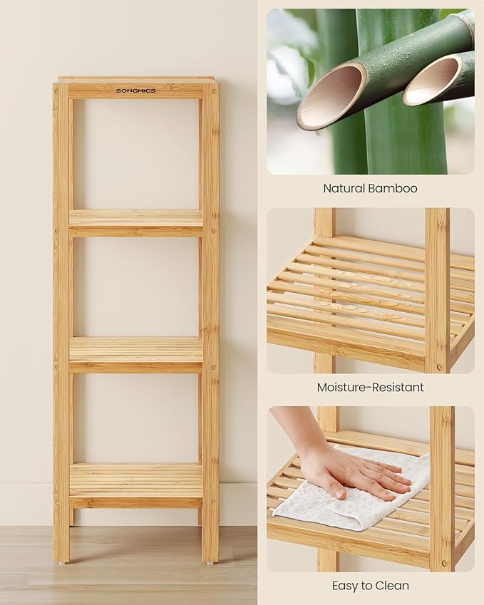 SONGMICS 4-Tier Bamboo Shelf, Narrow Bathroom Shelf, Standing Towel Rack, Corner Rack, for Kitchen, Living Room, Bedroom, Entryway, Bathroom, Natural UBCB54Y