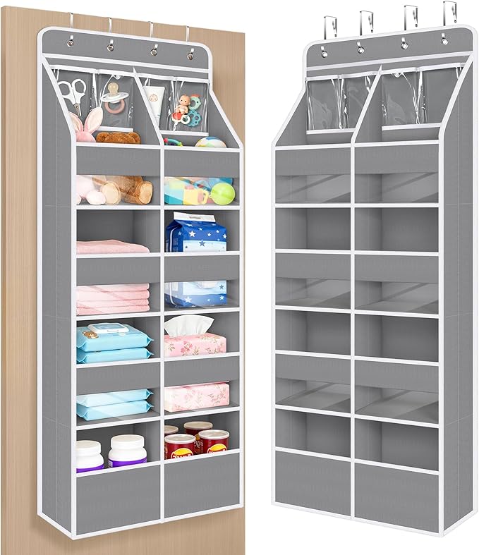 Univivi 5-Shelf Fabric Door Organizer Over Door Hanging Organizer with 8 Deep Pockets and 4 Small PVC Pockets Hanging Storage Organizers for Baby Nursery(Grey)