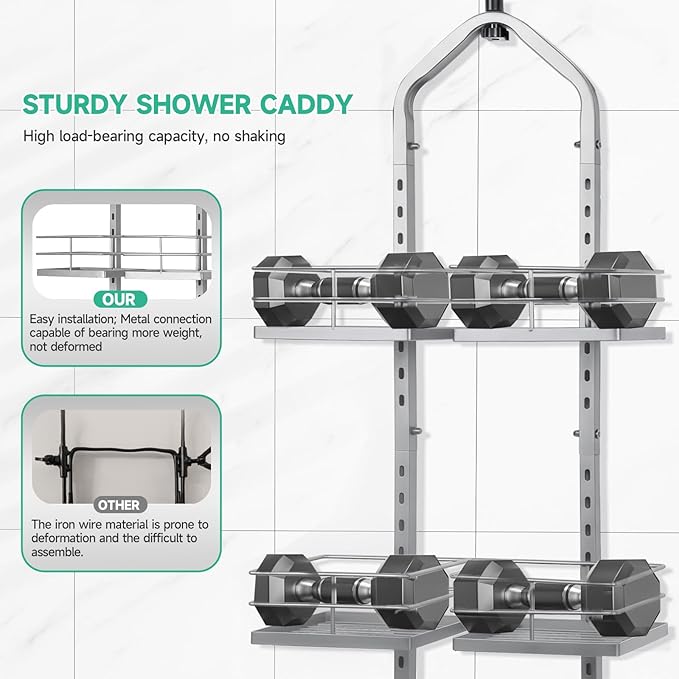 Shower Caddy Hanging for Handheld Showerheads Adjustable Height Extra Long Bathroom Storage Organizer Hanger Rack Rustproof Hose Shower Organizer 4 Levels Height Shower Rack (Sliver)