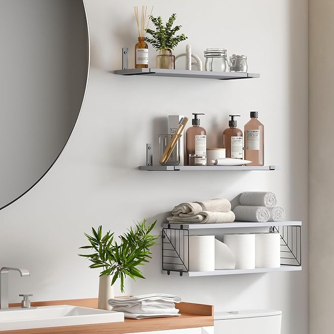 Fixwal 3+1 Tier Bathroom Floating Shelves Over Toilet, 15.8in Farmhouse Rustic Wood Shelves, Wall Decor for Bathroom, Living Room,Bedroom and Kitchen (Gray)