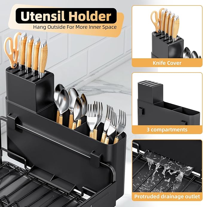 Dish Drying Rack for Kitchen Counter, Countertop Dish Rack with Drainboard, Multifunctional Dish Drainer with Cups Holder & Cutting Board, Home Plate Storage Rack with Cutlery Holder, Black