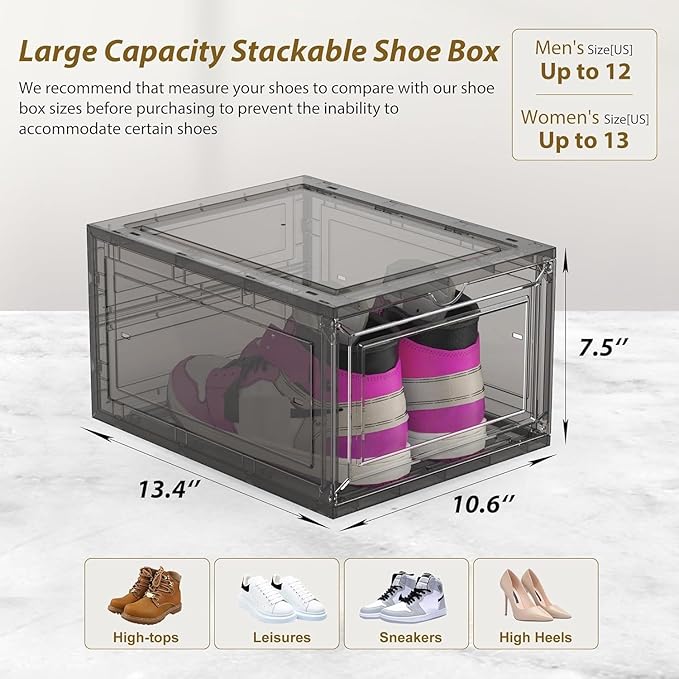 JWQ 10 Pack Extra XX Large Hard Plastic Clear Stackable Shoe Storage Box Organizer for Closet, Thicken Sturdy Sneaker Shoe Rack Display Case Containers Bins with Lids and Magnetic Door, Grey