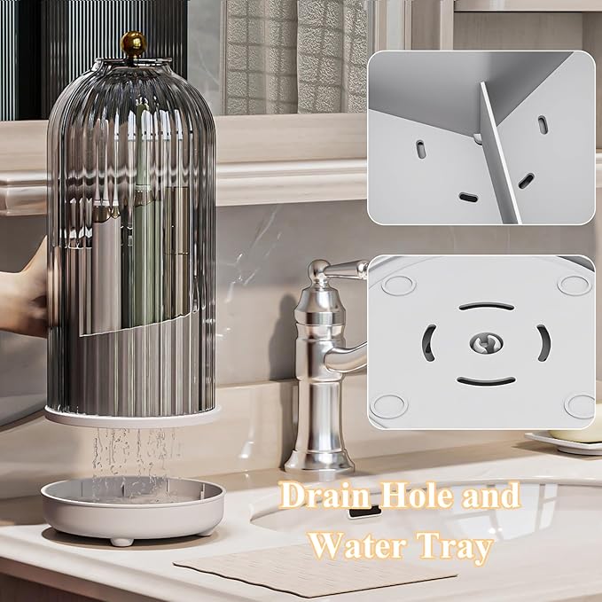 Zufudo Toothbrush Holders with Cover, Drainage Rotating Electric Toothbrush Organizer, 3 Slots Tooth Brush Holder for Bathroom Counter, Grey White