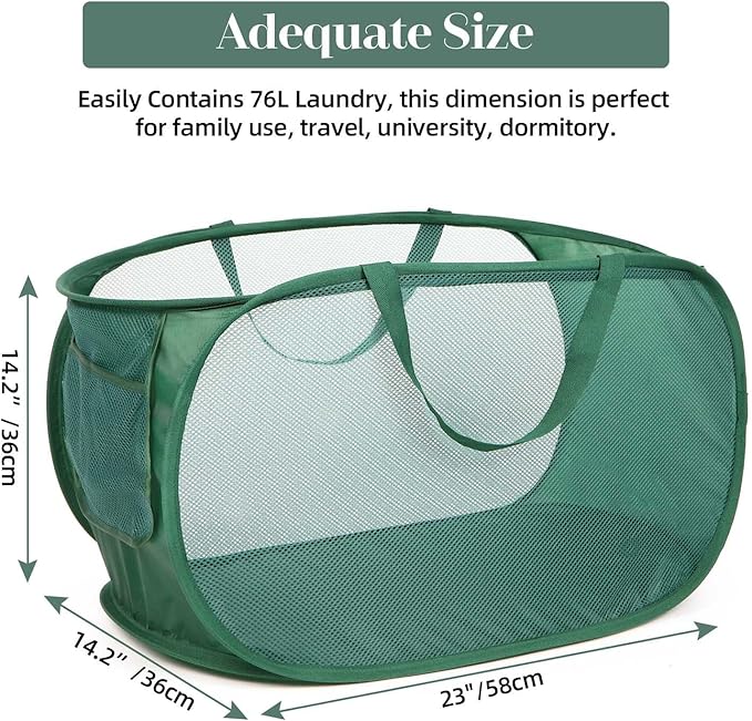 2 Pcs Durable Collapsible Laundry Baskets - Reinforced Mesh Pop Up Laundry Hamper with Pocket, Foldable Dirty Clothes Hamper with Carry Handles for Laundry, Bathroom, Kids Room, Dorm or Travel Green