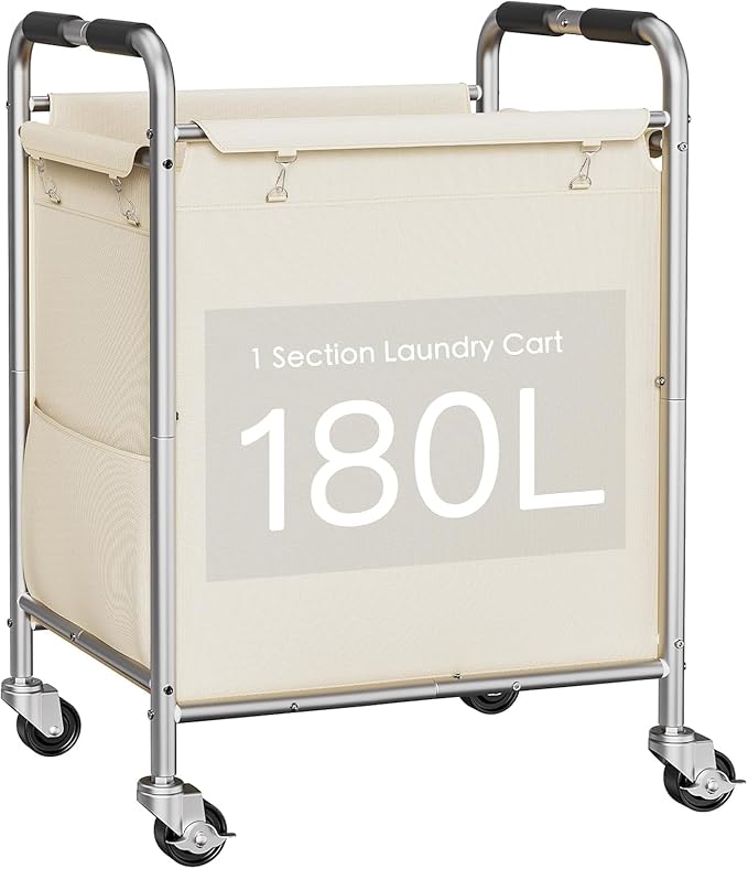 Laundry Basket with Wheels, Rolling Laundry Sorter Cart with Side pockets,47.6GAL(180L) Rolling Laundry Hamper with Removable Bag and Handle for Bedroom, Beige