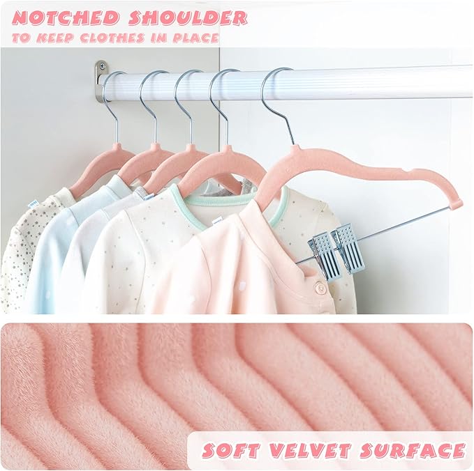 ManGotree 11.8'' Baby Velvet Hangers with Movable Clips, Non-Slip Kids Clothes Hangers, Ultra-Thin Space-Saving Children's Felt Hangers for Shirts, Pants, Dresses, Skirts, Jackets (16 Pack, Pink)