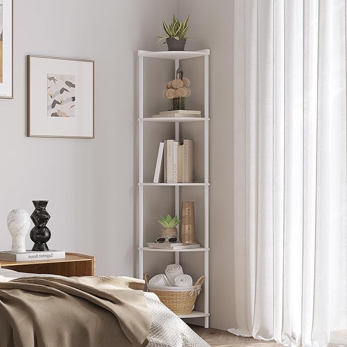 SUNMORY 5 Tier Corner Shelf Stand, Industrial 65" Corner Shelves Display Shelf for Living Room Decor, Wall Corner Bookshelf Multi Unit Organizer, Tall Shelf Plant Stand for Bedroom, Bathroom, White