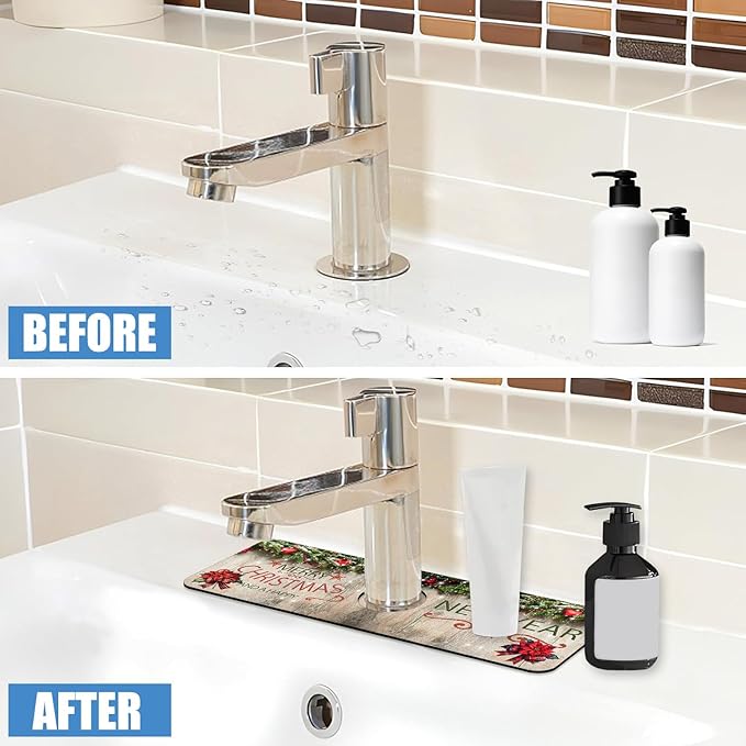 Chrismas Sink Splash Guard Faucet Mat Cute Christmas Absorbent Fast Drying Mat Sink Gadgets Splash Guard Behind Faucet Drip Catcher for Kitchen Bathroom 15.5"X5.5"