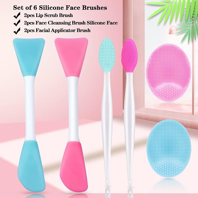 6pcs Silicone Face Brush Set, 2PCS Silicone Face Applicator Brush, 2PCS Exfoliating Lip Brush and Silicone Face Cleaning Brushes Pad,Blackhead Face Exfoliator Skin Care Tool for Women Men