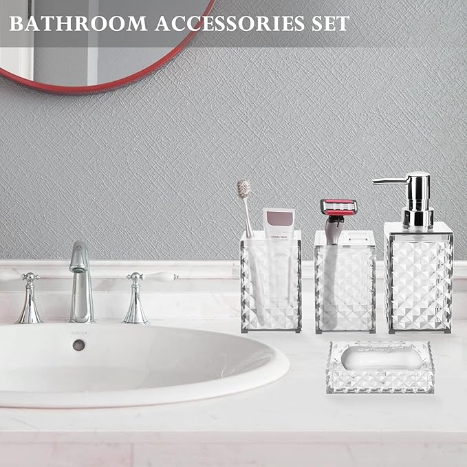 Bathroom Accessory Set, Grid Pattern 4 Pcs Plastic Bathroom Set Include Soap Dispenser, Soap Dish, Toothbrush Holder, Mousewash Cup, Modern Bahtroom Décor Set(White)
