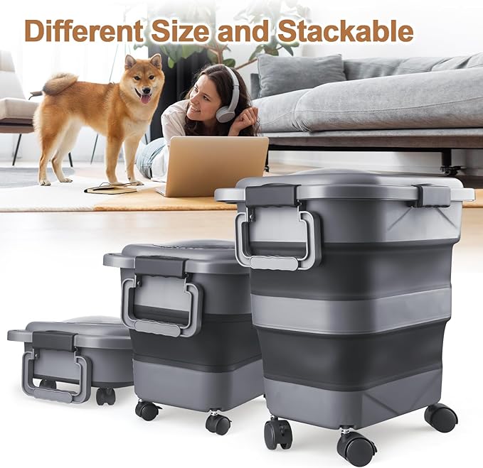 Dog Food Storage Container，10-25 lbs Airtight Collapsible Cat Food Storage Container with Attachable Wheels, Portable Handle, Dog Food Scoop for Dog Cat Bird Pet Dry Food Storage Bin Dark Grey