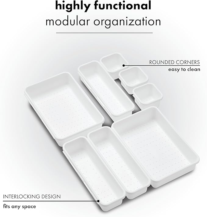 madesmart 8 Piece Interlocking Bin Pack, Modular Drawer & Desktop Organizer for Office Supplies, Tools, Kitchen Utensils & Bathroom Items, Configurable Storage System, White
