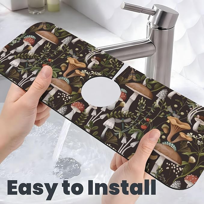 Mushroom Mushrooms Fern Forest Autumn Kitchen Sink Splash Guard Faucet Mat Super Absorbent Fast Drying Mat Sink Gadgets-Fast Drying Pad Sink Mat For Kitchen Bathroom (15" X 5.5" )