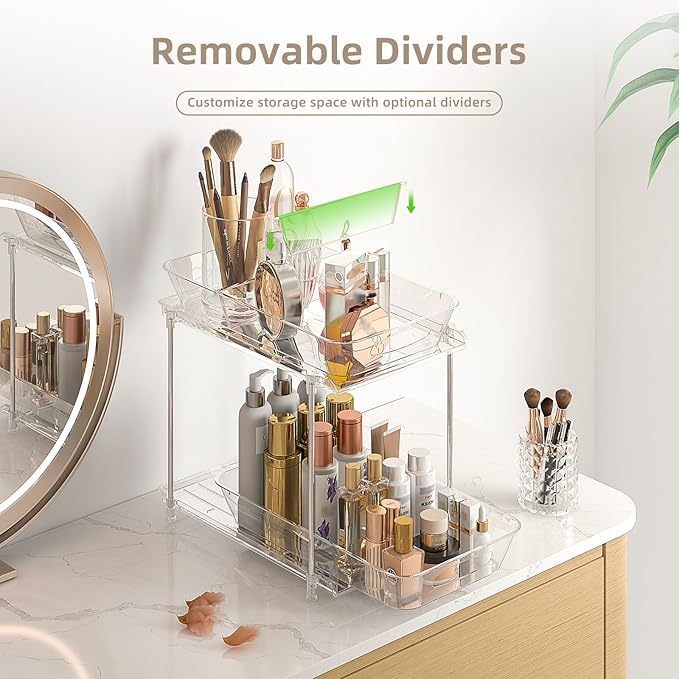 Under Sink Organizer, Bathroom Organizers and Storage, 2 Tier Multi-Use Pull Out Cabinet Organizer with Hang Hooks and Cups (transparent, 4 Pack)