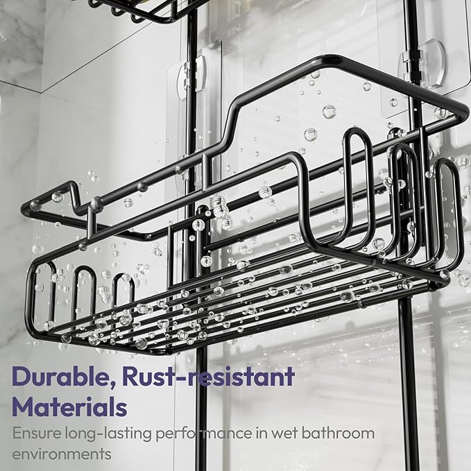 SWTYMIKI Bathroom Shower Caddy Hanging - 3 Tier Rustproof Over Shower Head Organizer, No Drilling Bathroom Shelf with 16 Hooks & Soap Holder, Anti-Swing Rack for Shampoo,Sponge,Towel, Black, Medium