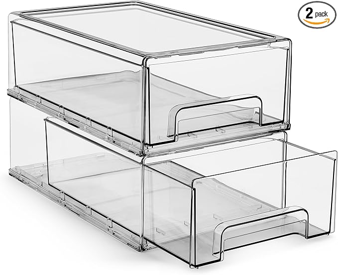 Sorbus Medium Clear Storage Drawers (2 Pack) – Stackable Organizer Drawers for Fridge, Pantry, Kitchen – Pull-Out Storage Bins with Handles, Slide Out Acrylic Drawers