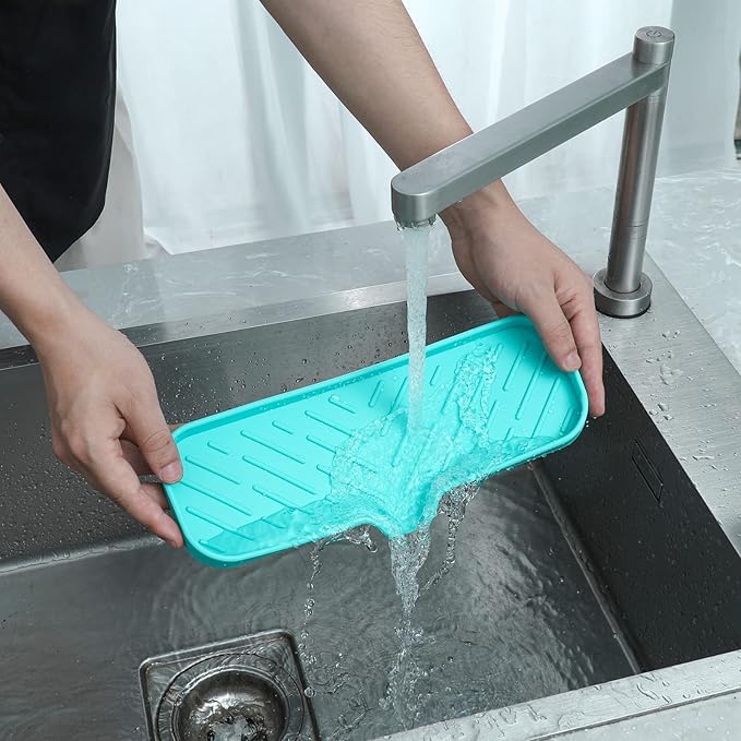 MicoYang Silicone Bathroom Soap Dishes with Drain Spout-Bathroom and Kitchen Sink Organizer,Sponge Holder,Dish Soap Tray,Perfect for Dispenser,Scrubber,Bottle,Cup on Sink or Counter-Mint 12"×4"