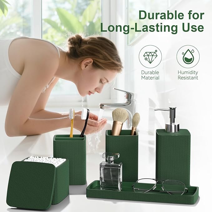 Dark Green Bathroom Accessories Set 5 Pieces, Resin Toothbrush Holders Set Complete with Soap Dispenser, Toothbrush Holder, Vanity Tray, Bathroom Tumbler and Qtip Holder for Small Spaces