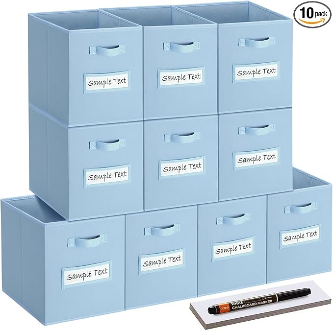 artsdi 13x13x13 storage cube bins (Set of 10) Fabric storage cubes with 10 Labels Window Cards & a Pen, storage cubes 13x13, Collapsible 13 inch cube storage bins, Cubby Organizer Boxes, Pastel Blue