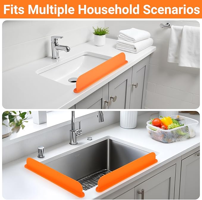 19.29 inch Sink Water Splash Guard, Silicone Sink Splash Guard, Backsplash Protector for Kitchen Countertop & Bathroom Bathtub with Non-Slip Strong Suction, Orange