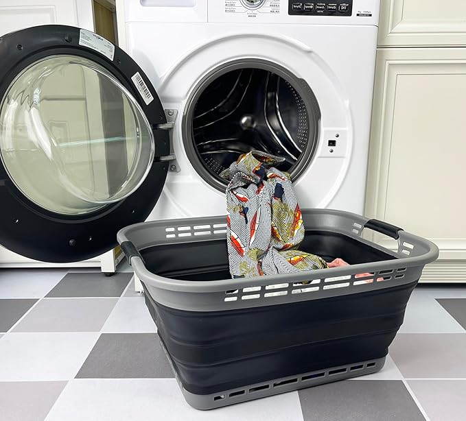 SAMMART 42L (11 Gallons) Collapsible Plastic Laundry Basket - Foldable Pop Up Storage Container/Organizer - Portable Washing Tub - Space Saving Hamper/Basket [BPA Free] (Grey/Black)