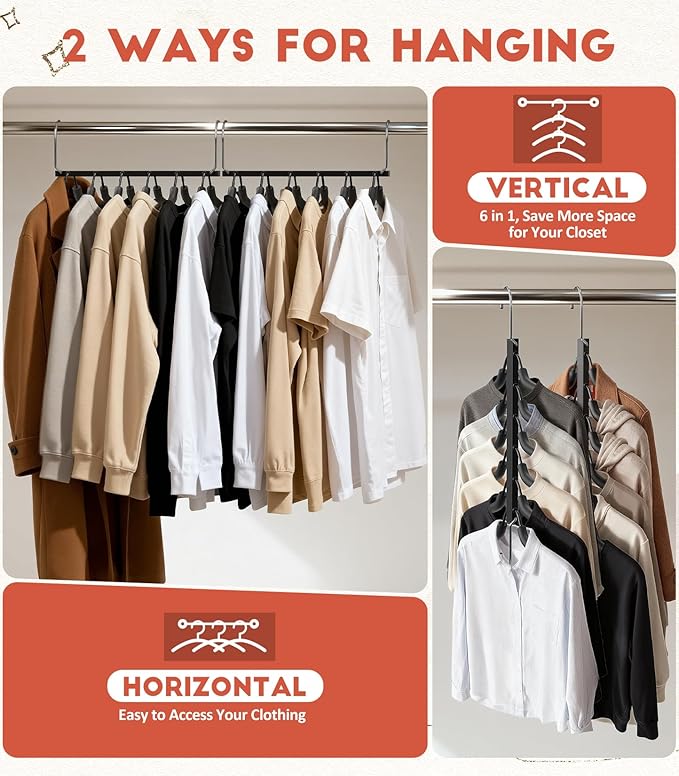HUITEM Clothes Hangers Space Saving 6 Tier Coat Hangers, Swing Arm Non Slip Padded Multi Sweater & T Shirt Hangers, 3 Packs Heavy Duty Stainless Steel Sweater Closet Organizers and Storage