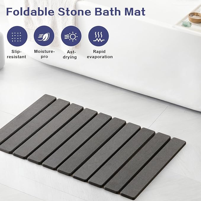 ODE TO ORDER 23.6 Inch Super Absorbent Diatomaceous Earth Mat for Bathroom, Dark Grey Easy Clean Rollable Foldable Stone Bath Mat, Non-Slip Quick Dry Shower Mat for Kitchen,Outdoor Use