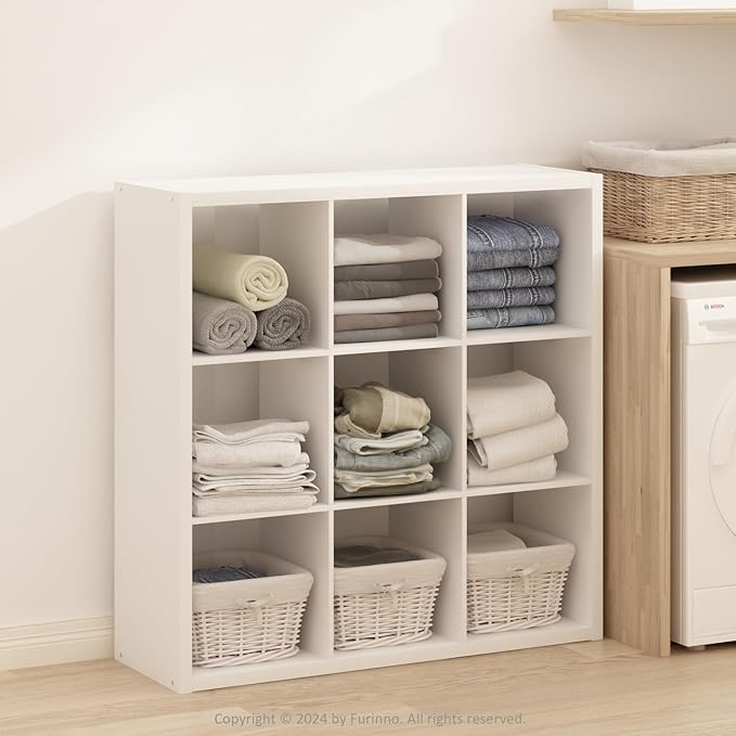 Furinno Simple Cube Storage Organizer, 9-Cube Display Shelf, Open Back Shelving Unit, Storage Shelves, Extra Thick Frame, for Organization and Storage, Living Room, Home Office, White