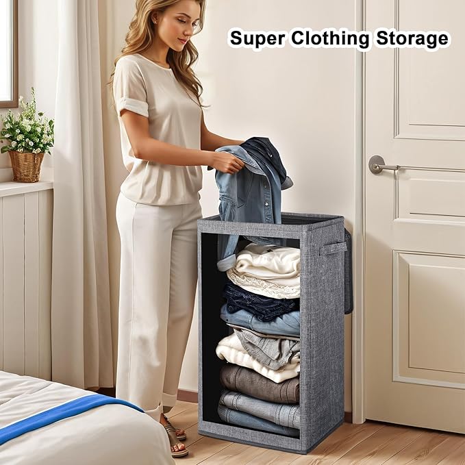 Odonata 75L Slim Laundry Hamper with Lid,Large Foldable Laundry Basket with Removable Bag and Handles Tall Collapsible Dirty Clothes Basket Great for Bedroom, Bathroom, Dorm, College,RV. (Grey, 75L)