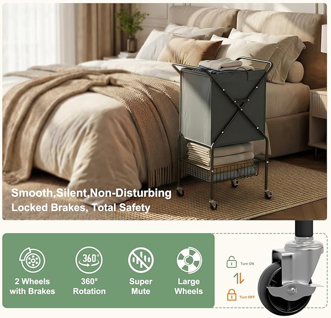Laundry Basket with Wheels:88L Rolling Laundry Cart Foldable Metal Frame Dirty Clothes Laundry Hamper 36"H 4 Caster 2 Brake Waterproof Removable Liner Carry Handle for Dorm Laundry Room,Gray