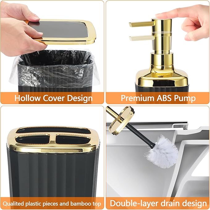 Black Bathroom Set, 23 PCS Black Bathroom Accessories Set with Shower Curtains, Trash Can, Toothbrush Holder, Soap Dispensers, Toothbrush Cup, Vanity Tray, Soap Dish, Toilet Brush, Qtip Holders