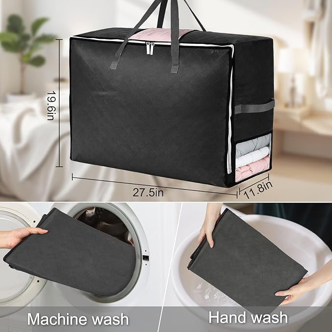 6Pack 105L Extra Large Blanket Comforter Storage Bags, Foldable Storage Bags for King Comforter Bedding Pillow Sheet Clothes with Handles Zippers Clear Window Closet Organizers and Storages, Black