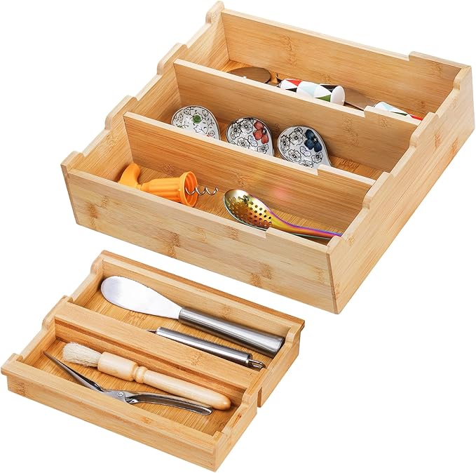 Okllen Bamboo Kitchen Drawer Organizer, Stackable 2-Tier Utensil Drawer Organizer Tray, Silverware Organizer Flatware Storage for Kitchen Cabinet, Pantry, Drawer, 5 Divided Compartments
