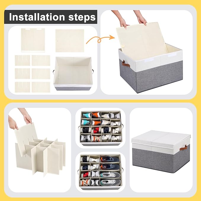 Shoe Storage Box for Closet Fits 16 Pairs, Large Shoe Organizer Box Bin Containers with Lid and Adjustable Dividers for Sandals, High Heels, Sneakers (Grey and White)