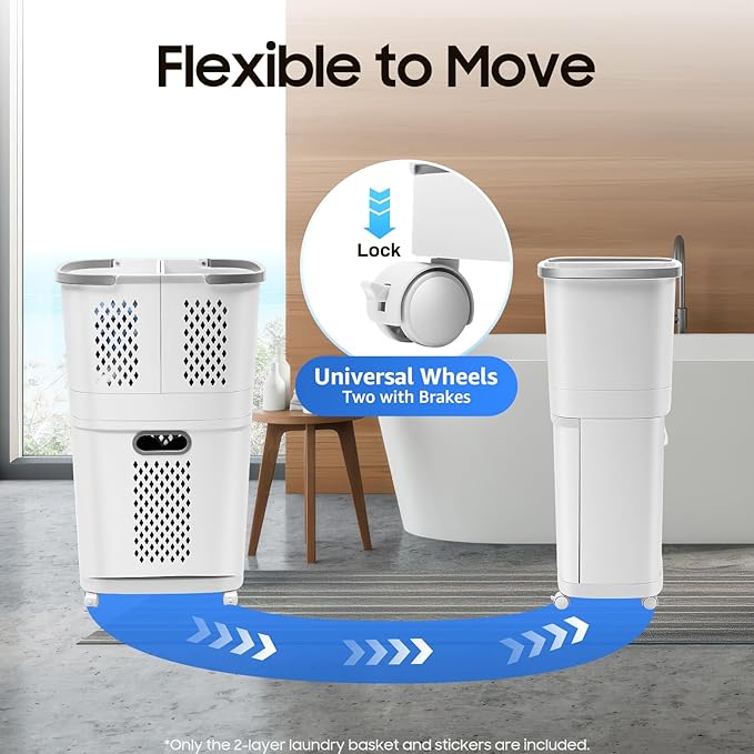 Laundry Basket, 2-Tier 3 Basket Shelf Movable Household Bathroom Rolling Cart Organizer Clothes Storage With 4 Wheels White For Kitchens, Bathrooms, Bedrooms, Dormitories, Classrooms, Laundry Rooms