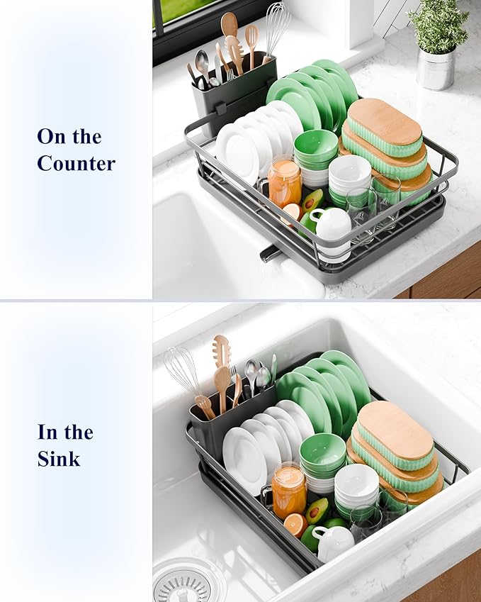 Kitsure Dish Drying Rack - Compact Dish Rack with Utensil Holder & Adjustable Water Outlet, Rust-Proof & Scratch-Resistant Drying Rack for Kitchen, 14.5" x 12.0" x 4.0", Grey