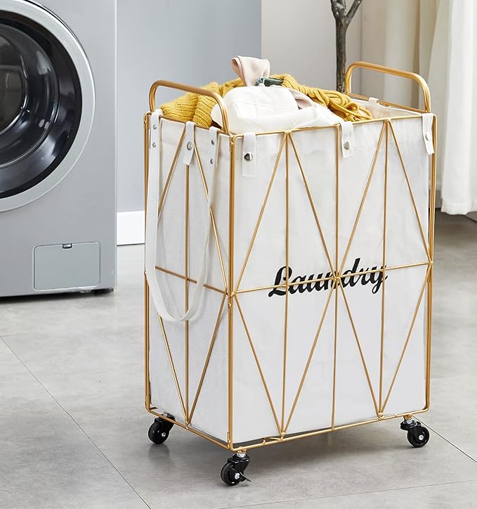 Mxfurhawa Iron Wire Laundry Hamper With Rolling Lockable Wheels, FoldinLaundry Storage Basket with Handles,Detachable Liner Collapsible Dirty Laundry Cart Sorter Clothes Basket Organizer (81-Gold)