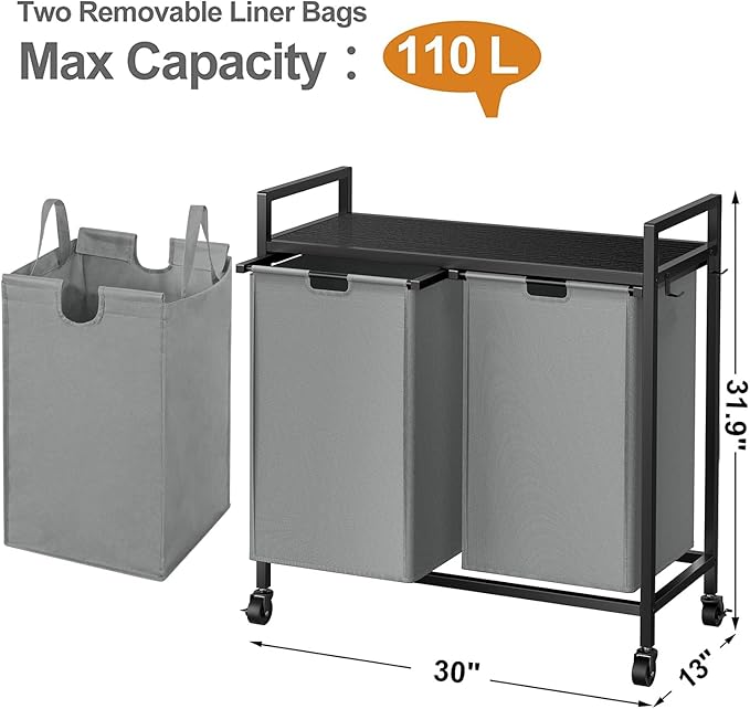 WOWLIVE Double Laundry Hamper with Lid,Rolling Laundry Basket Organizer with Wheels, Iron-Made Laundry Sorter with Top Shelf and 2 Removable Bags,Large Clothes Storage for Room,Gray