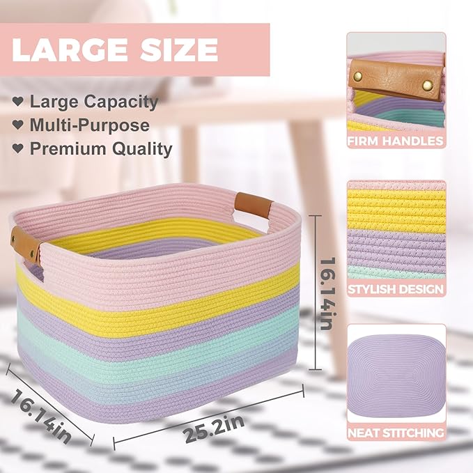 danpinera Large Laundry Basket, 108L Rectangle Woven Baskets for Storage for Living Room, Laundry, Nursery, Pillows, Baby Toy chest, Blanket Storage with Leather Handle, 25’’*16’’*16’’ Rainbow