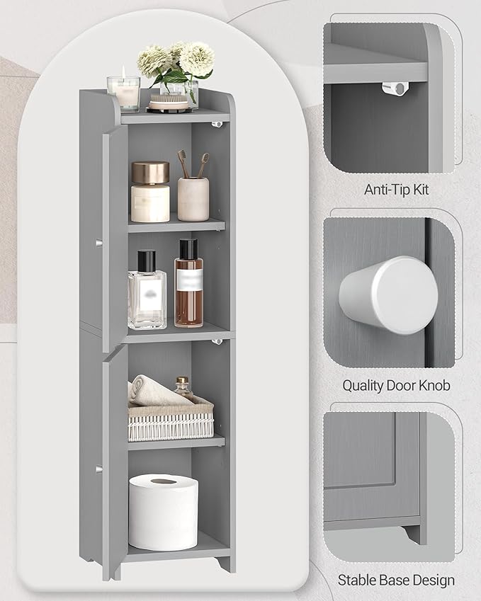 Bathroom Storage Cabinet, Small Corner Floor Cabinet with 2 Doors and Adjustable Shelf, Narrow Toilet Paper Cabinets, Bathroom Organizer for Small Spaces, 7.9" D x 7.9" W x 29.5" H Gray